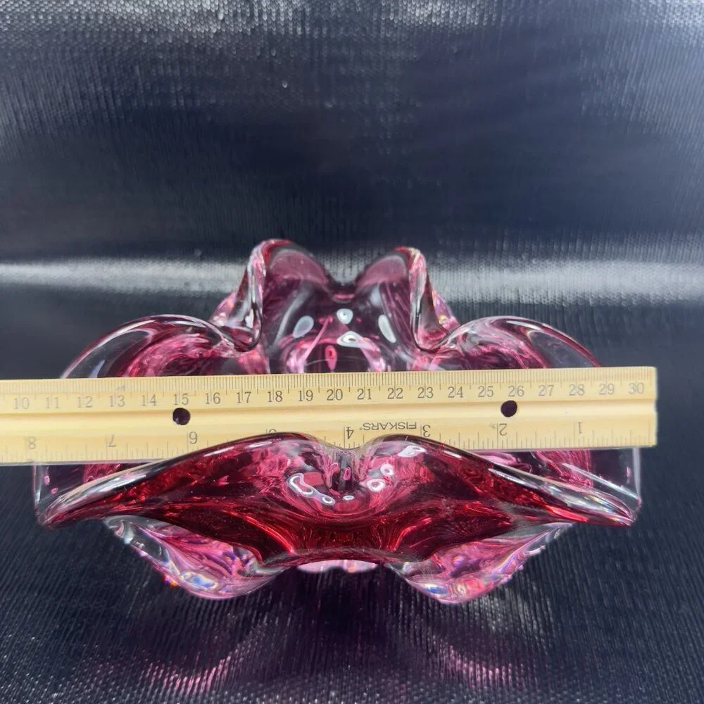 Hand Blown Bohemian Cranberry Art‎ Glass Dish Bowl Folded Edges Original Sticker